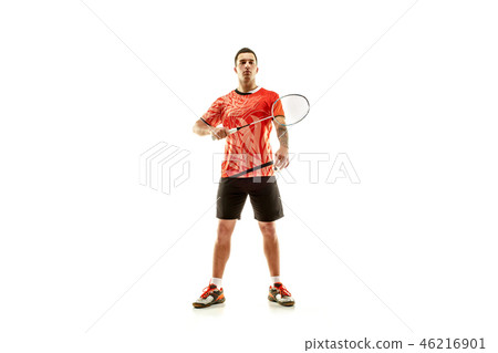 Young male badminton player over white background Young male badminton player over white background 46216901