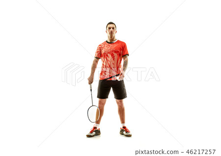 Young male badminton player over white background 46217257