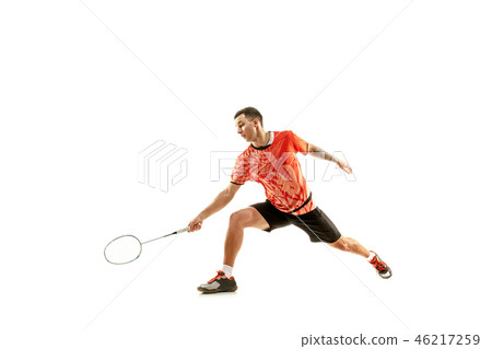 Young male badminton player over white background Young male badminton player over white background 46217259