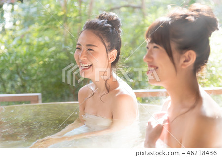 Young woman, girl travel, hot spring, open-air bath, travel Young woman, girl travel, hot spring, open-air bath, travel 46218436