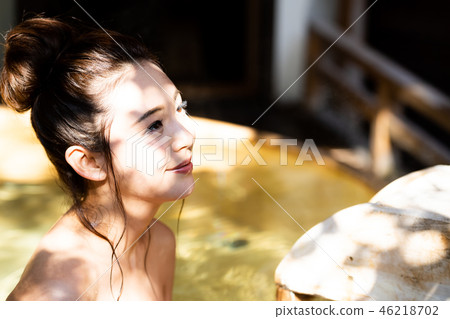 Young woman, hot spring, open-air bath, travel Young woman, hot spring, open-air bath, travel 46218702