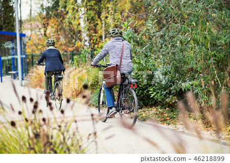 A rear view of active senior couple with electrobikes cycling outdoors on pathway in town. A rear view of active senior couple with electrobikes cycling outdoors on pathway in town. 46218899