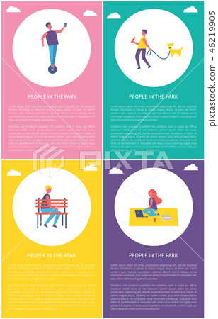 插图素材: people park, girl rests on rug computer, man dog