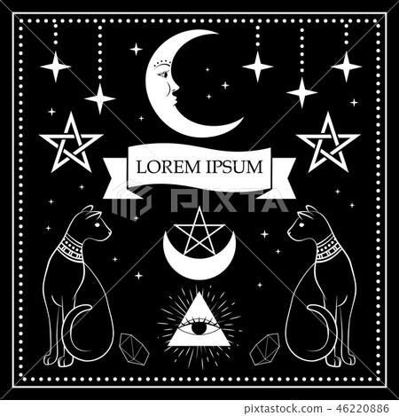 Black cats, night sky with moon and stars. Frame for sample text. Magic, occult symbols. 46220886