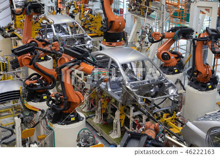 body of car on conveyor top view. Modern Assembly of cars at the plant. The automated build process 46222163