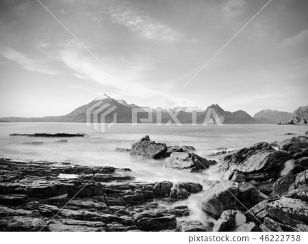 The stony beach and cliff of rocky bay. Blue tones 46222738