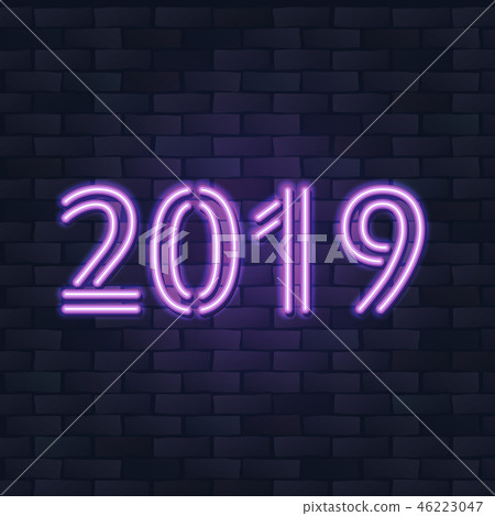 2019 New Year Concept with Colorful Neon Lights. Retro Design Elements for Presentations, Flyers 46223047