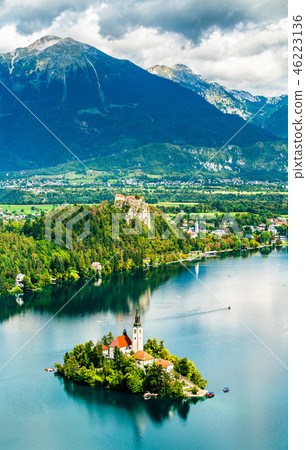 Aerial view of Lake Bled with the island in Slovenia Aerial view of Lake Bled with the island in Slovenia 46223136