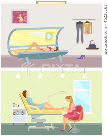 Tanning in Salon and Pedicure Service Set Vector Tanning in Salon and Pedicure Service Set Vector 46223169
