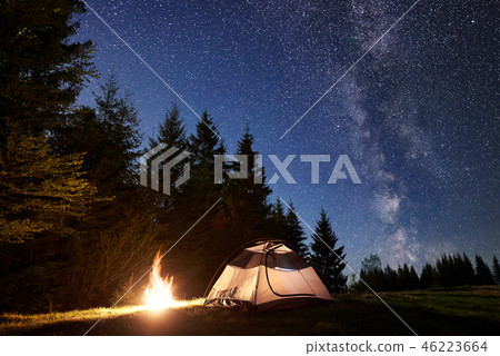 Night Camping In Mountains Tourist Tent By Stock Photo