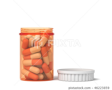 3d rendering of a transparent jar of two-colored pills with a white lid beside on a white background 46223859