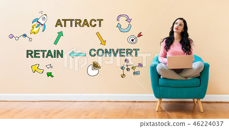 Attract convert retain concept with woman using a laptop Attract convert retain concept with woman using a laptop 46224037
