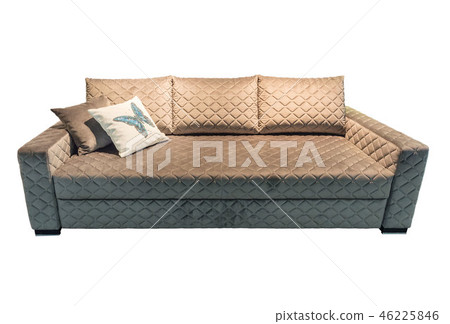 Brown velours sofa with pillows. Soft couch with cushions isolated background Brown velours sofa with pillows. Soft couch with cushions isolated background 46225846