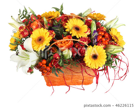 Floristic composition orange roses, yellow gerbera 46226115