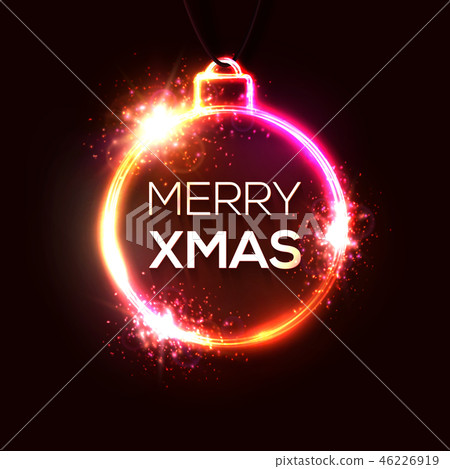 Neon Christmas decoration. Xmas background. Decorative circle light banner. Red Christmas ball or 46226919