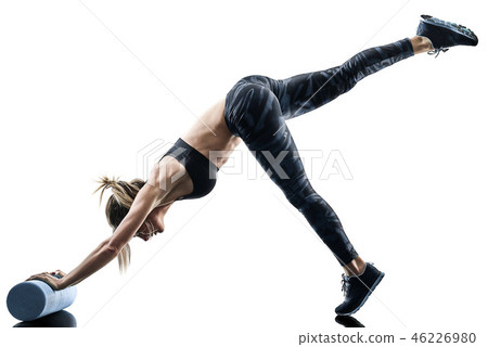 woman pilates fitness foam roller exercises silhouette isolated woman pilates fitness foam roller exercises silhouette isolated 46226980