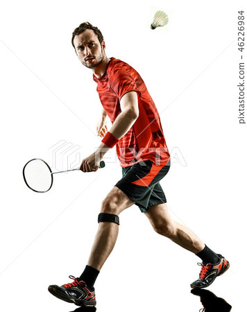 Badminton player man shadow silhouette isolated white backgroun Badminton player man shadow silhouette isolated white backgroun 46226984