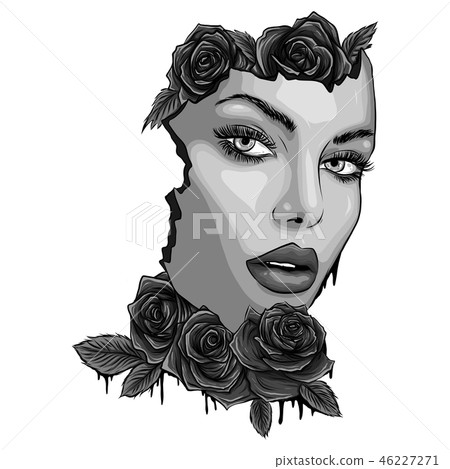 vector illustartion face young lady with roses vector illustartion face young lady with roses 46227271
