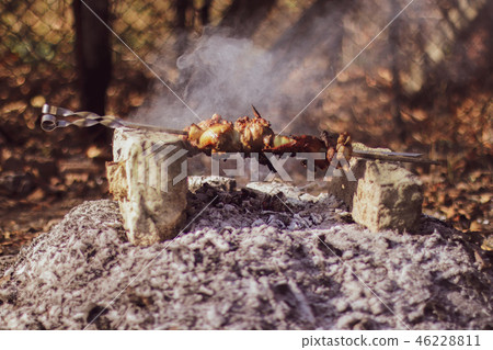 Shish kebab on the improvised oven made of brick Shish kebab on the improvised oven made of brick 46228811