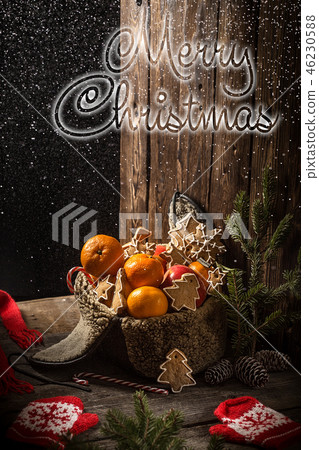 Christmas card with fruit. apples, oranges, tangerines, bananas. 46230588