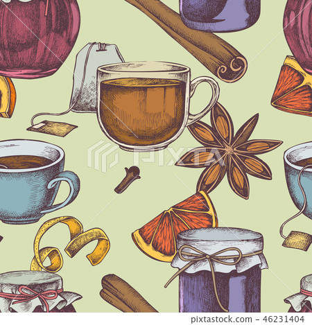 Seamless pattern with colored cinnamon, lemons, oranges, tea bag, jars, tea cup Seamless pattern with colored cinnamon, lemons, oranges, tea bag, jars, tea cup 46231404