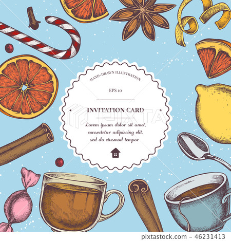Vector composition with colored cinnamon, lollipop, candies, lemons, oranges, teaspoon, tea cup Vector composition with colored cinnamon, lollipop, candies, lemons, oranges, teaspoon, tea cup 46231413
