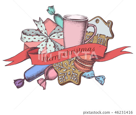 Vector composition with colored gingerbread, macaron, candies, tea cup, toy horse Vector composition with colored gingerbread, macaron, candies, tea cup, toy horse 46231416