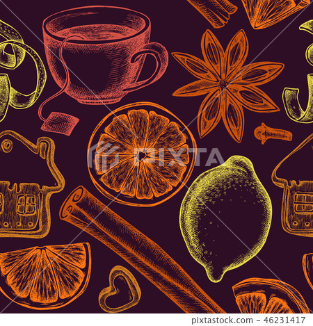 Seamless pattern with colored gingerbread, cinnamon, lemons, oranges, tea cup Seamless pattern with colored gingerbread, cinnamon, lemons, oranges, tea cup 46231417