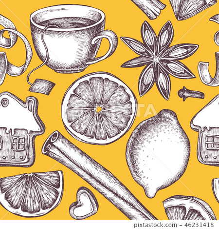 Seamless pattern with colored gingerbread, cinnamon, lemons, oranges, tea cup 46231418