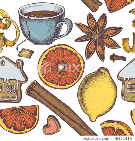 Seamless pattern with colored gingerbread, cinnamon, lemons, oranges, tea cup Seamless pattern with colored gingerbread, cinnamon, lemons, oranges, tea cup 46231419