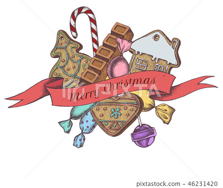 Vector composition with colored gingerbread, lollipop, candies, bar Vector composition with colored gingerbread, lollipop, candies, bar 46231420
