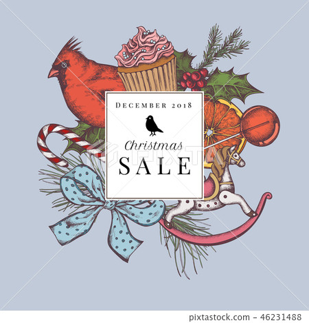 Vector composition with colored cardinal, lollipop, oranges, cupcakes, bow, holly, pine branch Vector composition with colored cardinal, lollipop, oranges, cupcakes, bow, holly, pine branch 46231488
