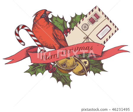 Vector composition with colored jingles, cardinal, letters, lollipop, holly Vector composition with colored jingles, cardinal, letters, lollipop, holly 46231495