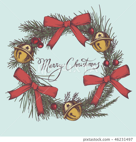 Vector composition with colored jingles, bow, rowan, lettering, pine branch, spruce, redwood 46231497