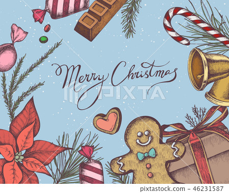 Vector composition with colored bells, gingerbread men, gingerbread, lollipop, bar, candies Vector composition with colored bells, gingerbread men, gingerbread, lollipop, bar, candies 46231587