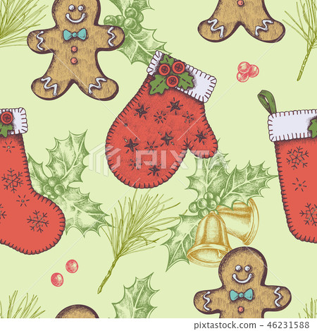 Seamless pattern with colored bells, gingerbread men, mitten, stocking, holly, pine branch Seamless pattern with colored bells, gingerbread men, mitten, stocking, holly, pine branch 46231588