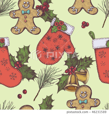 Seamless pattern with colored bells, gingerbread men, mitten, stocking, holly, pine branch Seamless pattern with colored bells, gingerbread men, mitten, stocking, holly, pine branch 46231589