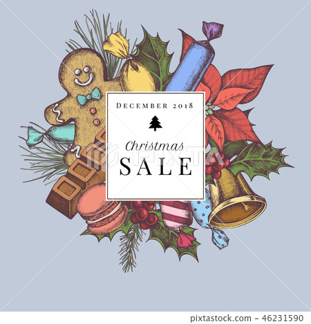 Vector composition with colored bells, gingerbread men, bar, candies, poinsettia, holly, pine branch 46231590