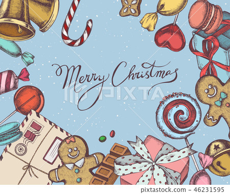 Vector composition with colored bells, jingles, gingerbread men, gingerbread, macaron, lollipop, bar Vector composition with colored bells, jingles, gingerbread men, gingerbread, macaron, lollipop, bar 46231595