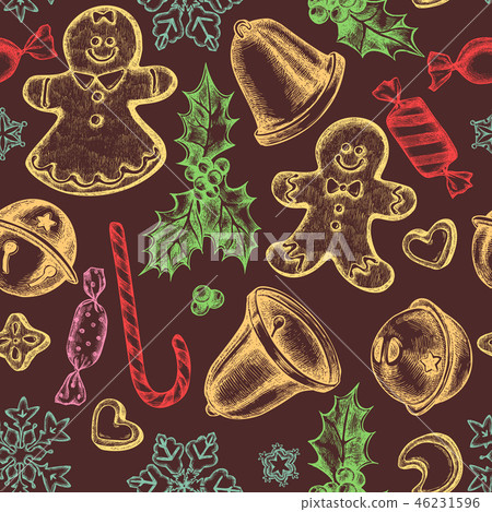 Seamless pattern with colored bells, jingles, gingerbread men, gingerbread, lollipop, candies 46231596