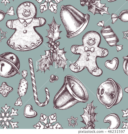Seamless pattern with colored bells, jingles, gingerbread men, gingerbread, lollipop, candies 46231597