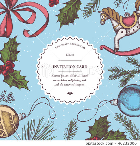 Vector composition with colored bow, toy horse, decorations, holly, pine branch, spruce Vector composition with colored bow, toy horse, decorations, holly, pine branch, spruce 46232000