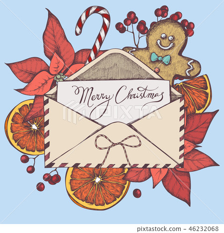 Vector composition with colored letters, gingerbread men, lollipop, bow, oranges, rowan, lettering 46232068