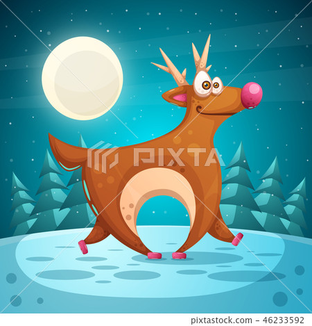 Crazy deer. Cartoon winter landscape. 46233592