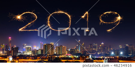 2019 Happy new year firework with Bandkok city 2019 Happy new year firework with Bandkok city 46234916