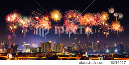 Happy new year firework with Bandkok cityscape Happy new year firework with Bandkok cityscape 46234917