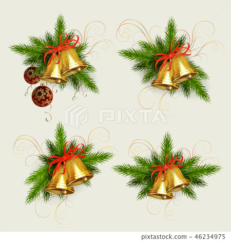Christmas composition of spruce green branches, golden bells and burgundy balls with golden 46234975