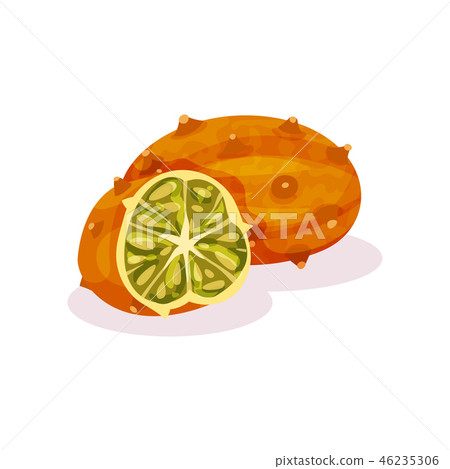 Detailed flat vector design of whole and half of juicy kivano. Tasty exotic fruit. Natural product 46235306