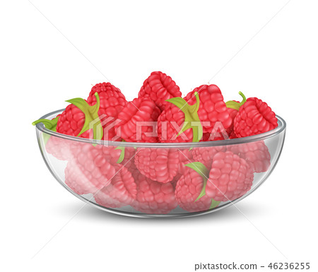 glass bowl with heap of ripe raspberry 46236255
