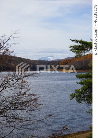 Snowy Iwate mountain seen from Iwado lake Snowy Iwate mountain seen from Iwado lake 46239179